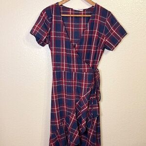 Lush Red white and blue plaid, wrap high low dress, M